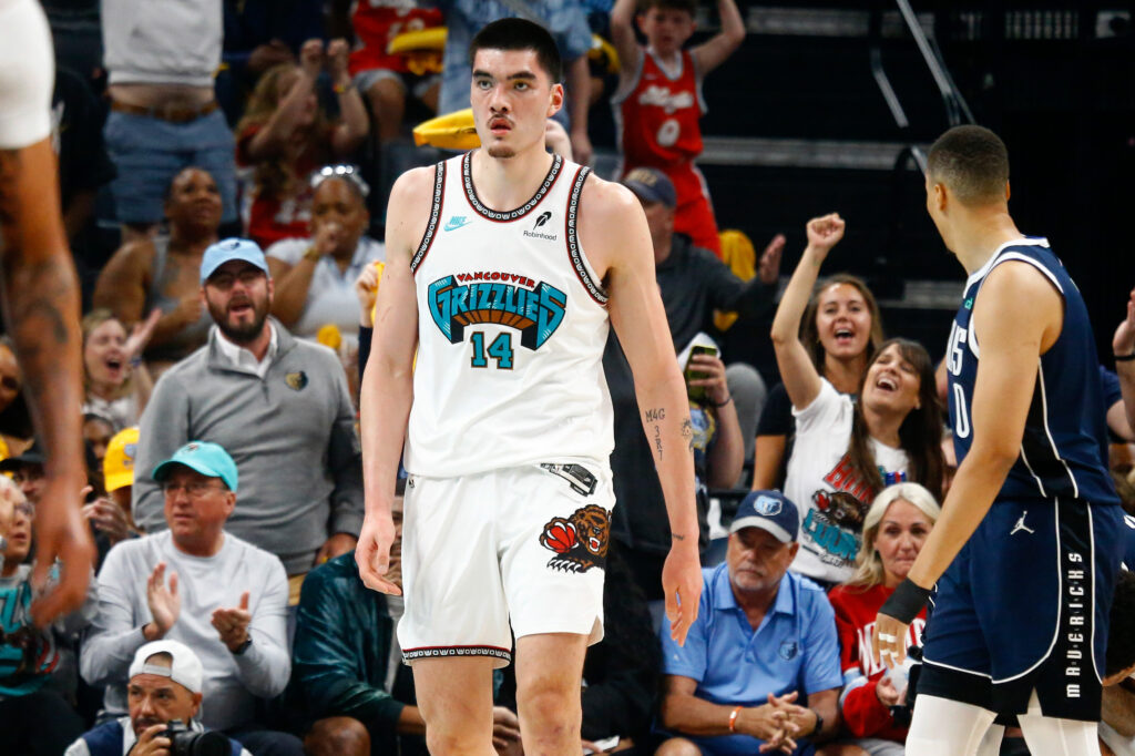 Apr 18, 2025; Memphis, Tennessee, USA; Memphis Grizzlies center Zach Edey (14) looks on during the first quarter against the Dallas Mavericks at FedExForum. Mandatory Credit: Petre Thomas-Imagn Images