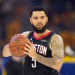 Apr 26, 2025; San Francisco, California, USA; Houston Rockets guard Fred VanVleet (5) before game three of first round for the 2024 NBA Playoffs against the Golden State Warriors at Chase Center. Mandatory Credit: Darren Yamashita-Imagn Images