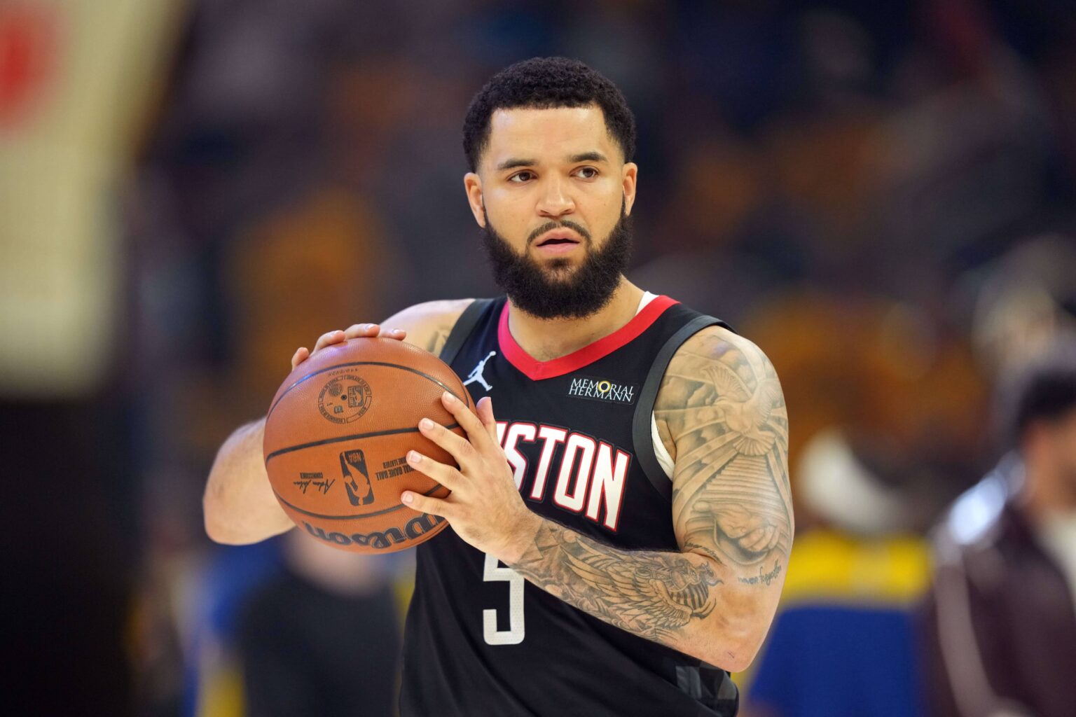 Apr 26, 2025; San Francisco, California, USA; Houston Rockets guard Fred VanVleet (5) before game three of first round for the 2024 NBA Playoffs against the Golden State Warriors at Chase Center. Mandatory Credit: Darren Yamashita-Imagn Images