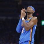 May 22, 2025; Oklahoma City, Oklahoma, USA; Oklahoma City Thunder guard Shai Gilgeous-Alexander (2) reacts after a play against the Minnesota Timberwolves in the third quarter during game two of the western conference finals for the 2025 NBA Playoffs at Paycom Center. Mandatory Credit: Alonzo Adams-Imagn Images