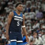 May 26, 2025; Minneapolis, Minnesota, USA;Minnesota Timberwolves guard Anthony Edwards (5) reacts against the Oklahoma City Thunder in the first half during game four of the western conference finals for the 2025 NBA Playoffs at Target Center. Mandatory Credit: Jesse Johnson-Imagn Images