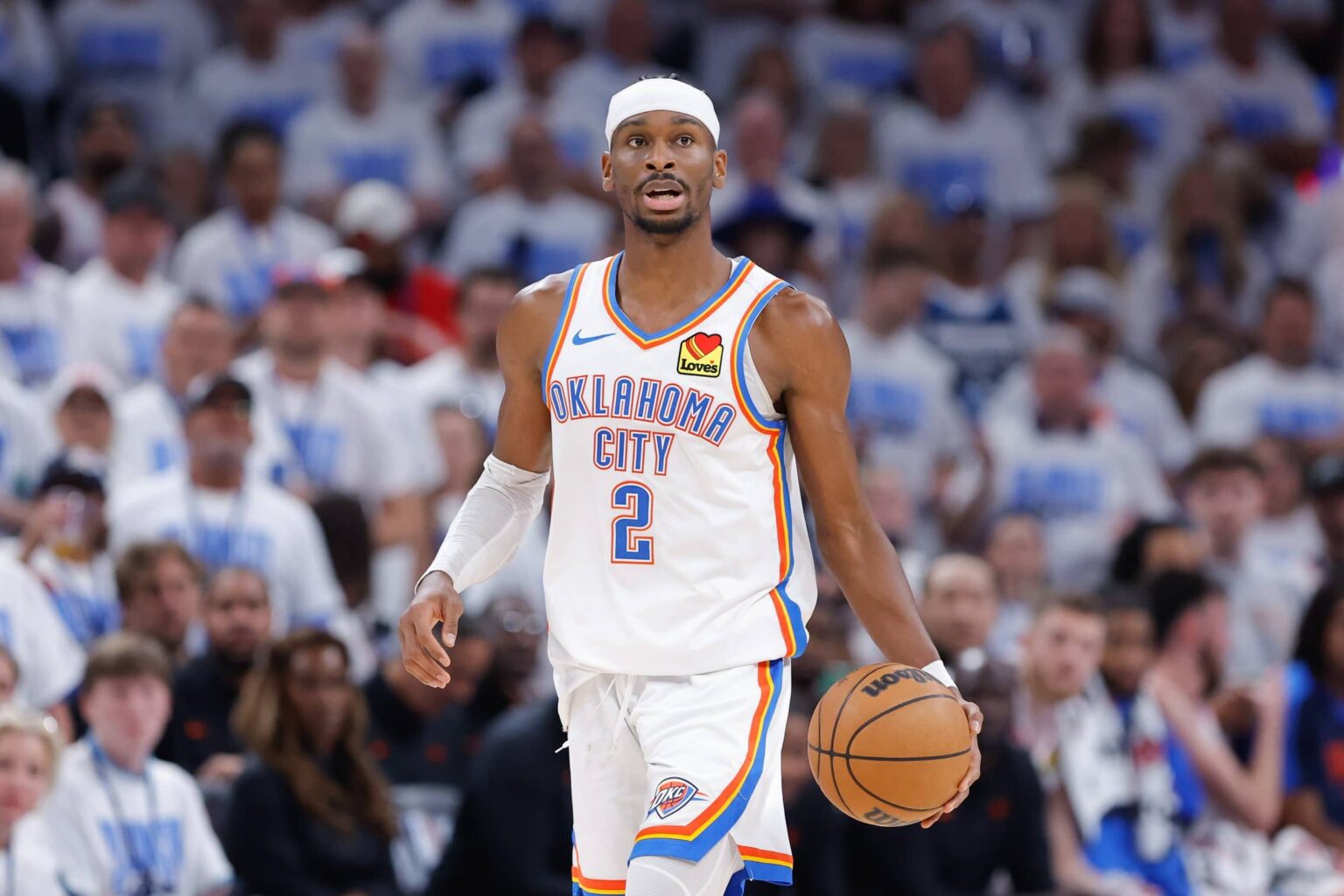 May 20, 2025; Oklahoma City, Oklahoma, USA; Oklahoma City Thunder guard Shai Gilgeous-Alexander (2) dribbles down the court against the Minnesota Timberwolves in the fourth quarter during game one of the western conference finals for the 2025 NBA Playoffs at Paycom Center. Mandatory Credit: Alonzo Adams-Imagn Images