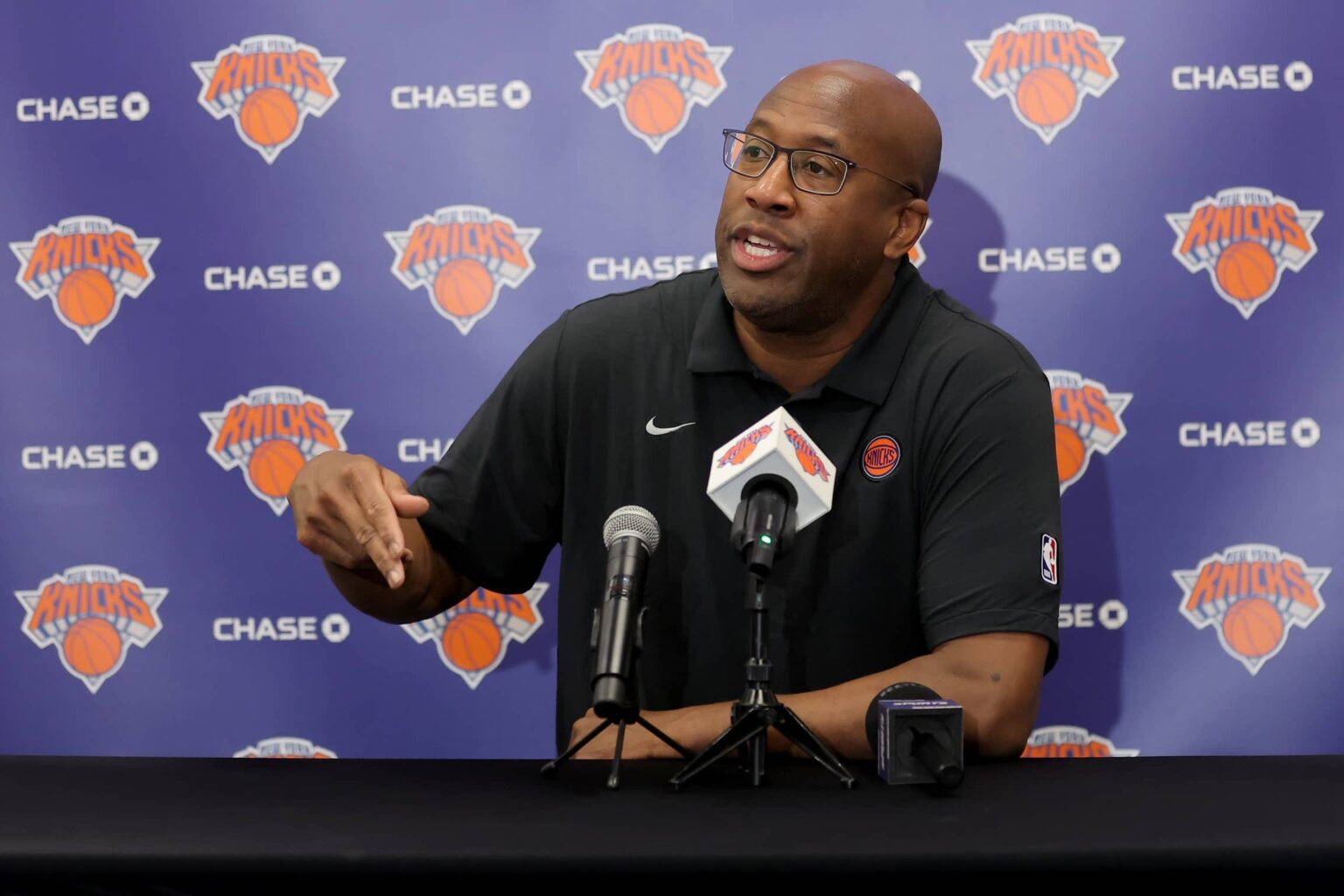 Sep 23, 2025; New York, NY, USA; New York Knicks head coach Mike Brown speaks to the media during a media day press conference at the Madison Square Garden training center. Mandatory Credit: Brad Penner-Imagn Images