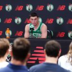 Sep 29, 2025; Boston, MA, USA; Boston Celtics guard Payton Pritchard (11) talks with reporters during media day at the Auerbach Center. Mandatory Credit: David Butler II-Imagn Images