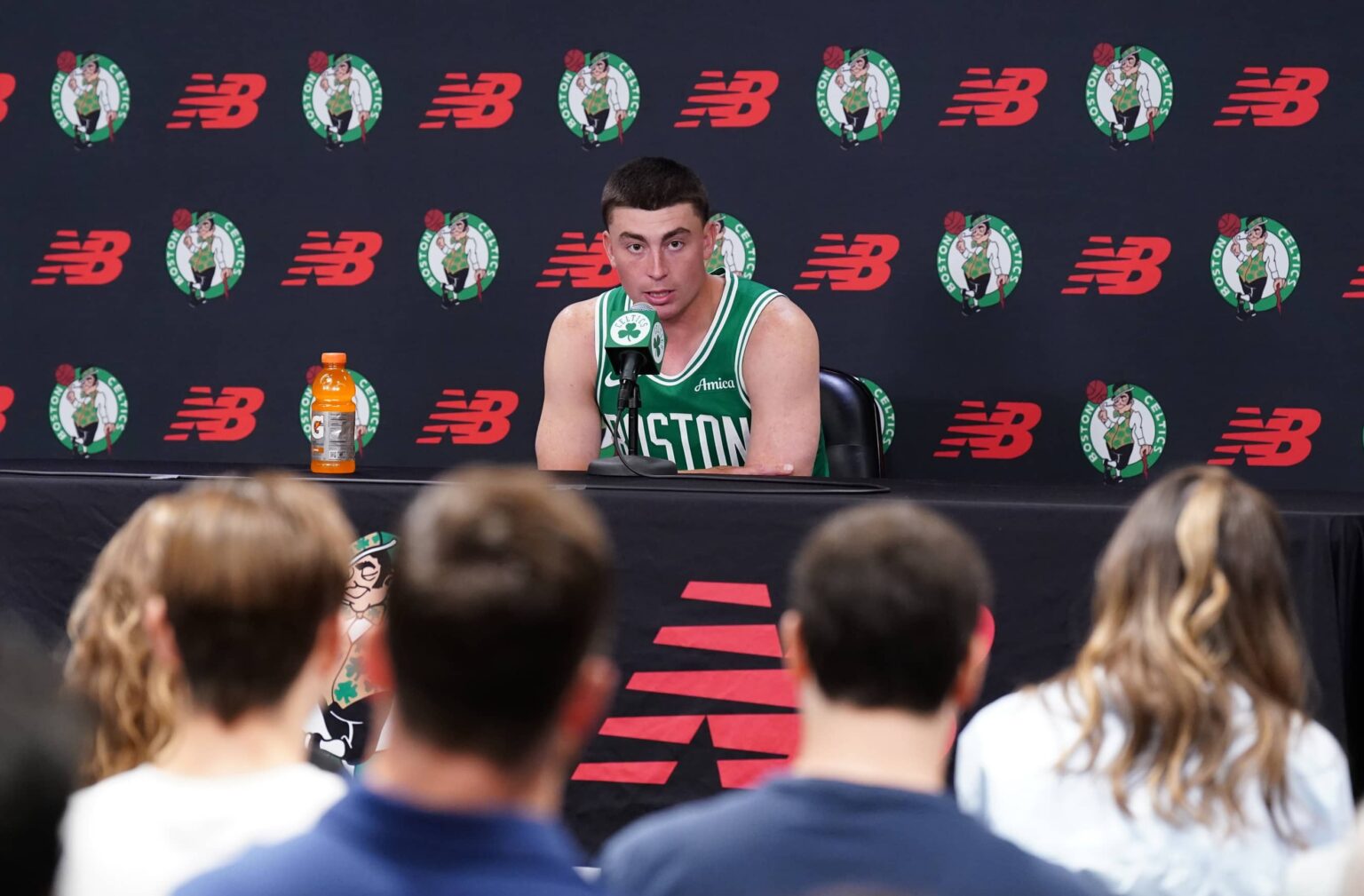 Sep 29, 2025; Boston, MA, USA; Boston Celtics guard Payton Pritchard (11) talks with reporters during media day at the Auerbach Center. Mandatory Credit: David Butler II-Imagn Images