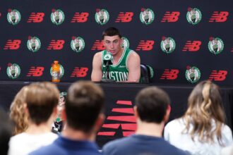 Sep 29, 2025; Boston, MA, USA; Boston Celtics guard Payton Pritchard (11) talks with reporters during media day at the Auerbach Center. Mandatory Credit: David Butler II-Imagn Images