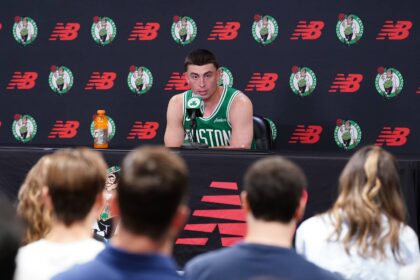 Sep 29, 2025; Boston, MA, USA; Boston Celtics guard Payton Pritchard (11) talks with reporters during media day at the Auerbach Center. Mandatory Credit: David Butler II-Imagn Images