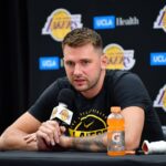Sep 29, 2025; Los Angeles, CA, USA; Los Angeles Lakers guard Luka Doncic (77) during media day at UCLA Health Training Center. Mandatory Credit: Gary A. Vasquez-Imagn Images