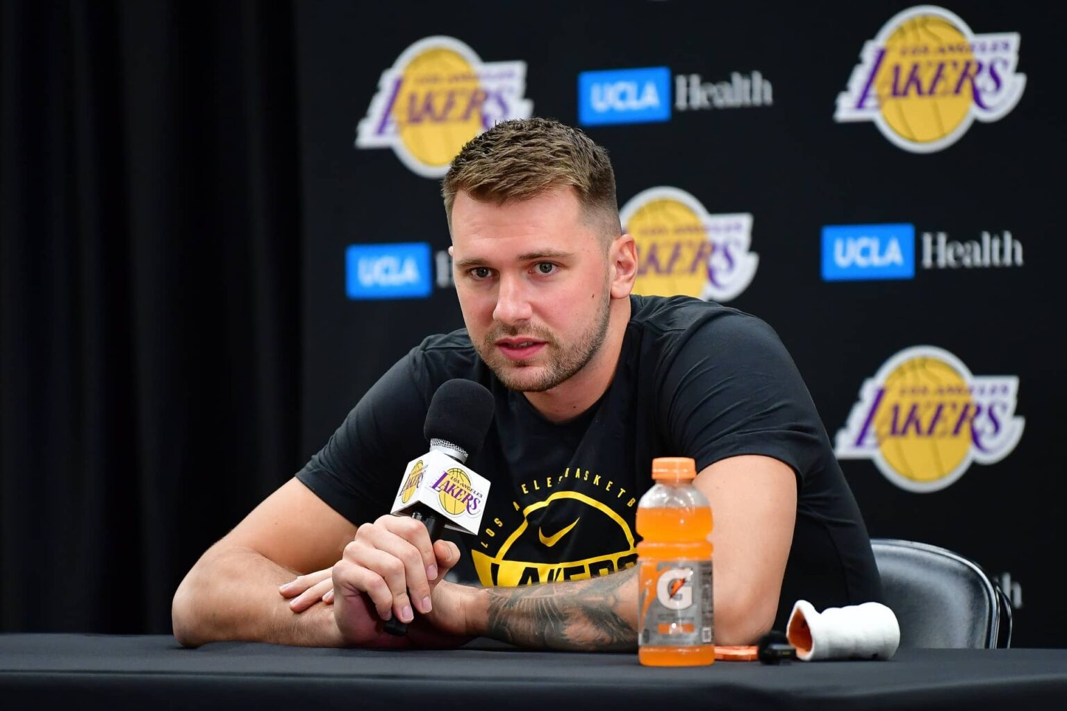 Sep 29, 2025; Los Angeles, CA, USA; Los Angeles Lakers guard Luka Doncic (77) during media day at UCLA Health Training Center. Mandatory Credit: Gary A. Vasquez-Imagn Images