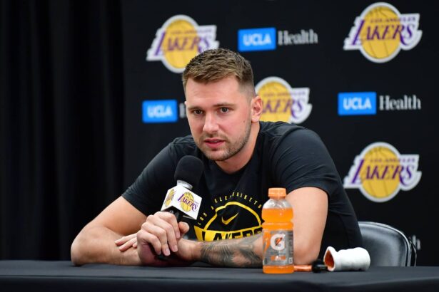 Sep 29, 2025; Los Angeles, CA, USA; Los Angeles Lakers guard Luka Doncic (77) during media day at UCLA Health Training Center. Mandatory Credit: Gary A. Vasquez-Imagn Images