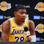 Sep 29, 2025; Los Angeles, CA, USA; Los Angeles Lakers forward Rui Hachimura (28) during media day at UCLA Health Training Center. Mandatory Credit: Gary A. Vasquez-Imagn Images