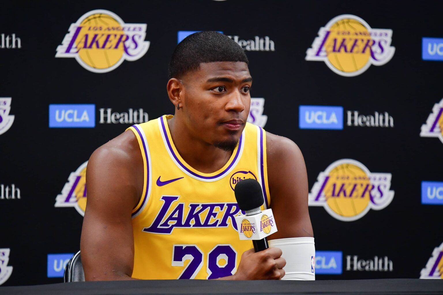 Sep 29, 2025; Los Angeles, CA, USA; Los Angeles Lakers forward Rui Hachimura (28) during media day at UCLA Health Training Center. Mandatory Credit: Gary A. Vasquez-Imagn Images
