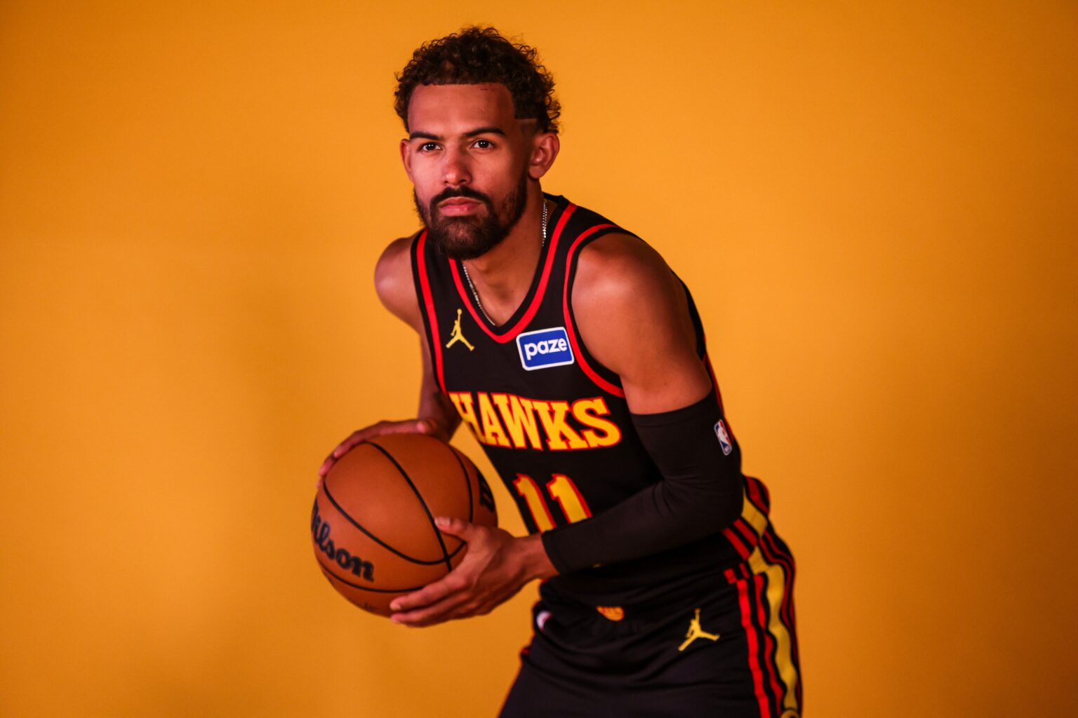 Sep 29, 2025; Atlanta, GA, USA; Atlanta Hawks guard Trae Young (11) poses for a photo at media day. Mandatory Credit: Brett Davis-Imagn Images