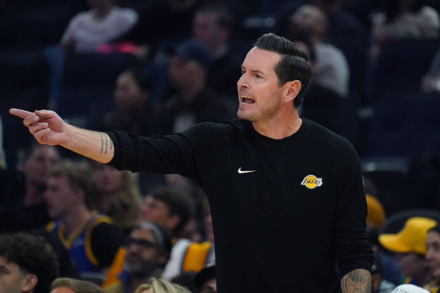 JJ Redick coaches his team against the Golden State Warriors in the first quarter at Chase Center