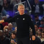 Oct 5, 2025; San Francisco, California, USA; Golden State Warriors head coach Steve Kerr coaches his team against the Los Angeles Lakers in the first quarter at Chase Center. Mandatory Credit: David Gonzales-Imagn Images
