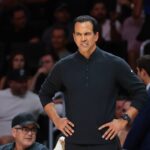 Oct 6, 2025; Miami, Florida, USA; Miami Heat Head Coach Erik Spoelstra reacts against the Milwaukee Bucks during the first quarter at Kaseya Center. Mandatory Credit: Sam Navarro-Imagn Images