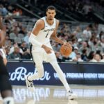 Oct 6, 2025; San Antonio, TX, USA; San Antonio Spurs forward-center Victor Wembanyama (1) drives to the basket during the first half against the Guangzhou Loong Lions at Frost Bank Center. Mandatory Credit: Scott Wachter-Imagn Images