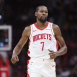 Oct 8, 2025; Houston, Texas, USA; Houston Rockets forward Kevin Durant (7) reacts after a play during the second quarter against the Utah Jazz at Toyota Center. Mandatory Credit: Troy Taormina-Imagn Images