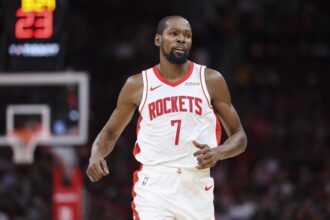Oct 8, 2025; Houston, Texas, USA; Houston Rockets forward Kevin Durant (7) reacts after a play during the second quarter against the Utah Jazz at Toyota Center. Mandatory Credit: Troy Taormina-Imagn Images