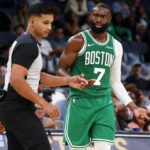 Oct 8, 2025; Memphis, Tennessee, USA; Boston Celtics guard Jaylen Brown (7) reacts toward an official after a technical foul call during the second quarter against the Memphis Grizzlies at FedExForum. Mandatory Credit: Petre Thomas-Imagn Images
