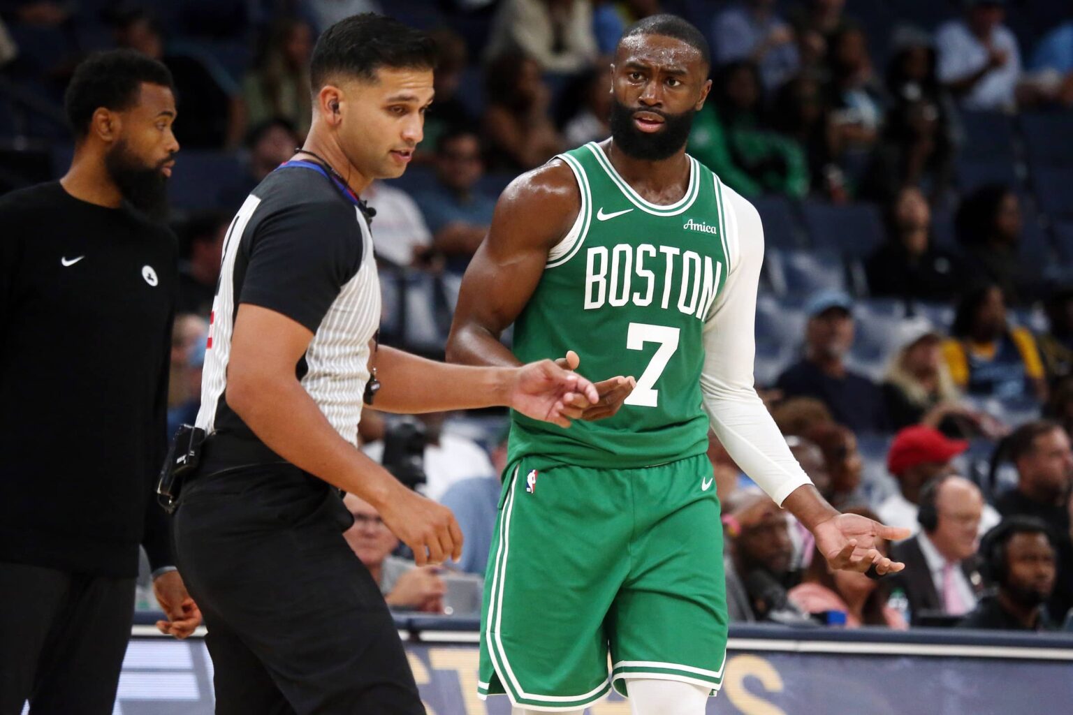 Oct 8, 2025; Memphis, Tennessee, USA; Boston Celtics guard Jaylen Brown (7) reacts toward an official after a technical foul call during the second quarter against the Memphis Grizzlies at FedExForum. Mandatory Credit: Petre Thomas-Imagn Images