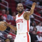 Oct 8, 2025; Houston, Texas, USA; Houston Rockets forward Kevin Durant (7) dribbles the ball during the third quarter against the Utah Jazz at Toyota Center. Mandatory Credit: Troy Taormina-Imagn Images