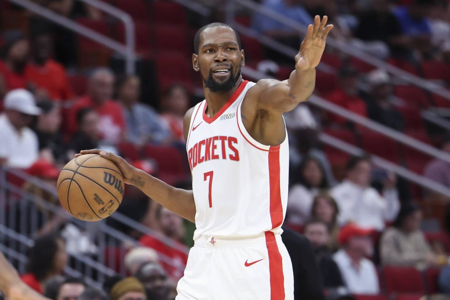 Oct 8, 2025; Houston, Texas, USA; Houston Rockets forward Kevin Durant (7) dribbles the ball during the third quarter against the Utah Jazz at Toyota Center. Mandatory Credit: Troy Taormina-Imagn Images