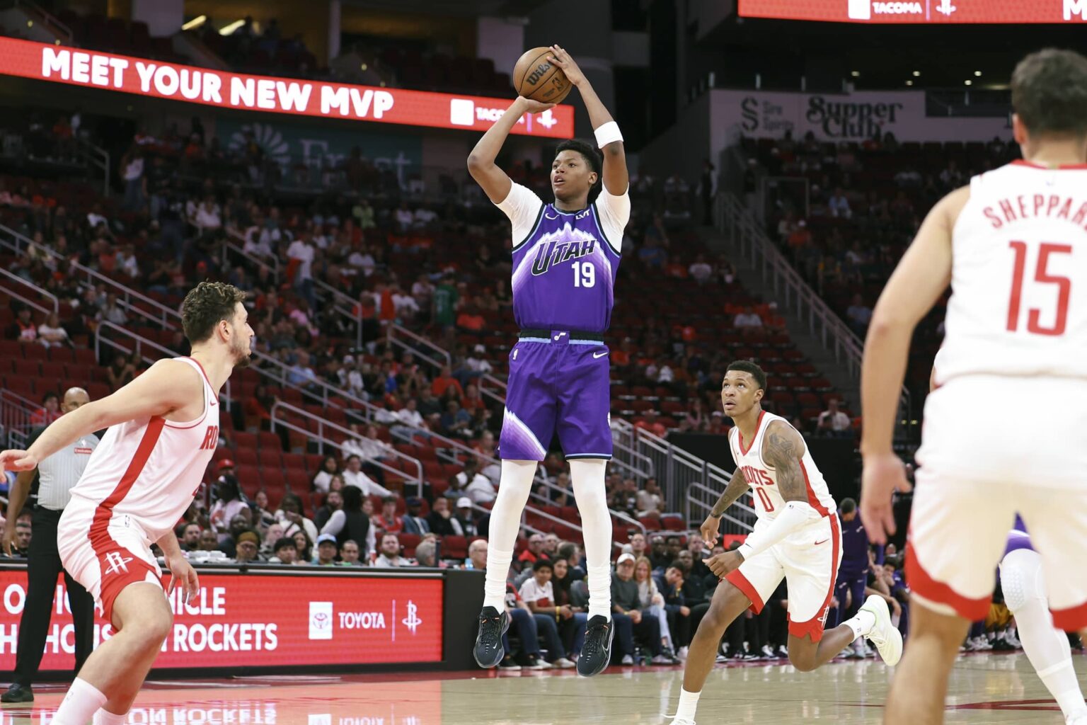 Oct 8, 2025; Houston, Texas, USA; Utah Jazz forward Ace Bailey (19) shoots the ball during the first quarter against the Houston Rockets at Toyota Center. Mandatory Credit: Troy Taormina-Imagn Images
