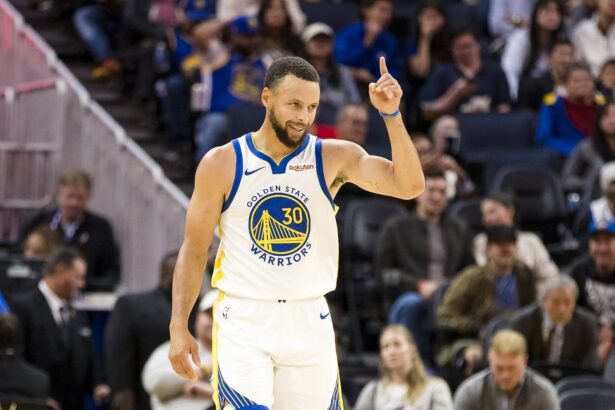 Oct 8, 2025; San Francisco, California, USA; Golden State Warriors guard Stephen Curry (30) gestures during the second quarter against the Portland Trail Blazers at Chase Center. Mandatory Credit: John Hefti-Imagn Images