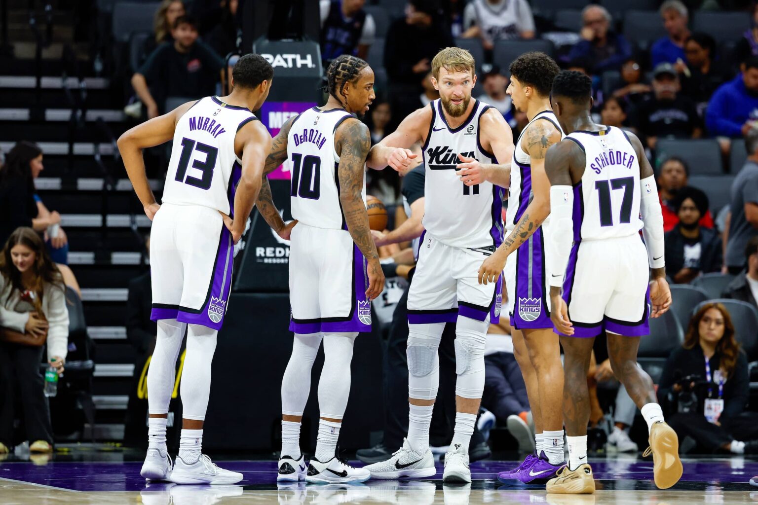 Oct 8, 2025; Sacramento, California, USA; Sacramento Kings forward/center Domantas Sabonis (11) talks with the team during the third quarter against the Toronto Raptors at Golden 1 Center. Mandatory Credit: Sergio Estrada-Imagn Images