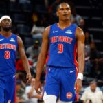 Oct 6, 2025; Memphis, Tennessee, USA; Detroit Pistons forward Ausar Thompson (9) looks on during the third quarter against the Memphis Grizzlies at FedExForum. Mandatory Credit: Petre Thomas-Imagn Images