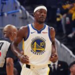 Oct 5, 2025; San Francisco, California, USA; Golden State Warriors forward Jimmy Butler III (10) waits for action to resume in the first quarter against the Los Angeles Lakers at Chase Center. Mandatory Credit: David Gonzales-Imagn Images