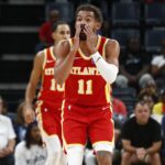 Oct 11, 2025; Memphis, Tennessee, USA; Atlanta Hawks guard Trae Young (11) reacts during the third quarter against the Memphis Grizzlies at FedExForum. Mandatory Credit: Petre Thomas-Imagn Images