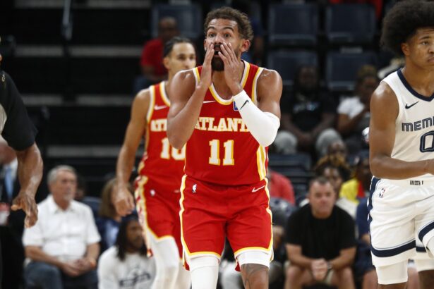 Oct 11, 2025; Memphis, Tennessee, USA; Atlanta Hawks guard Trae Young (11) reacts during the third quarter against the Memphis Grizzlies at FedExForum. Mandatory Credit: Petre Thomas-Imagn Images