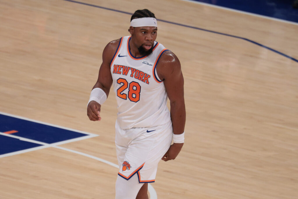 Oct 13, 2025; New York, New York, USA; New York Knicks forward Guerschon Yabusele (28) reacts after making a basket against the Washington Wizards during the first quarter at Madison Square Garden. Mandatory Credit: Vincent Carchietta-Imagn Images