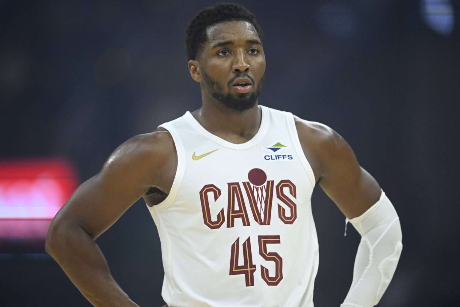 Oct 14, 2025; Cleveland, Ohio, USA; Cleveland Cavaliers guard Donovan Mitchell (45) stands on the court in the first quarter against the Detroit Pistons at Rocket Arena. Mandatory Credit: David Richard-Imagn Images