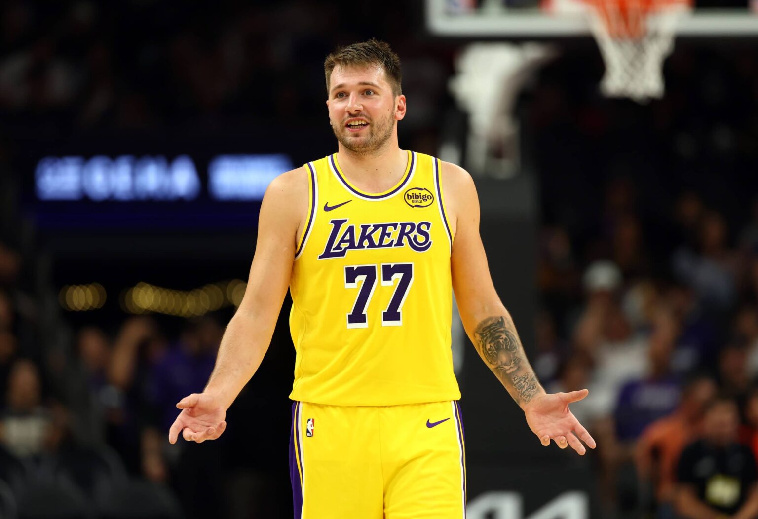 Lakers guard Luka Doncic against the Phoenix Suns during an NBA preseason game at Mortgage Matchup Center