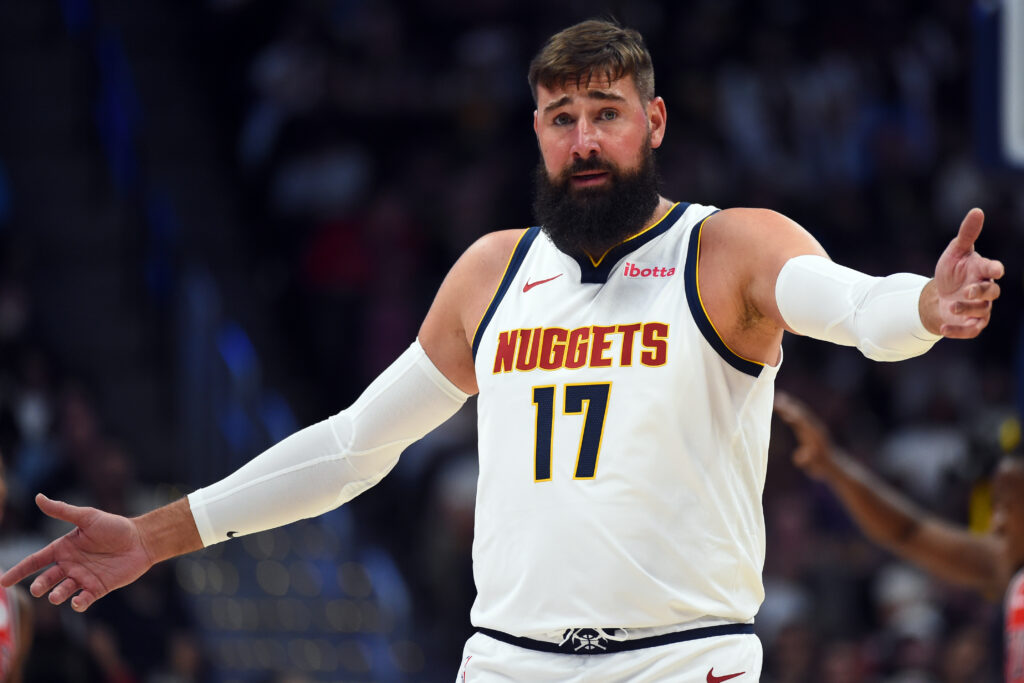 Oct 14, 2025; Denver, Colorado, USA; Denver Nuggets center Jonas Valanciunas (17) reacts after being called for a foul during the first half against the Chicago Bulls at Ball Arena. Mandatory Credit: Christopher Hanewinckel-Imagn Images