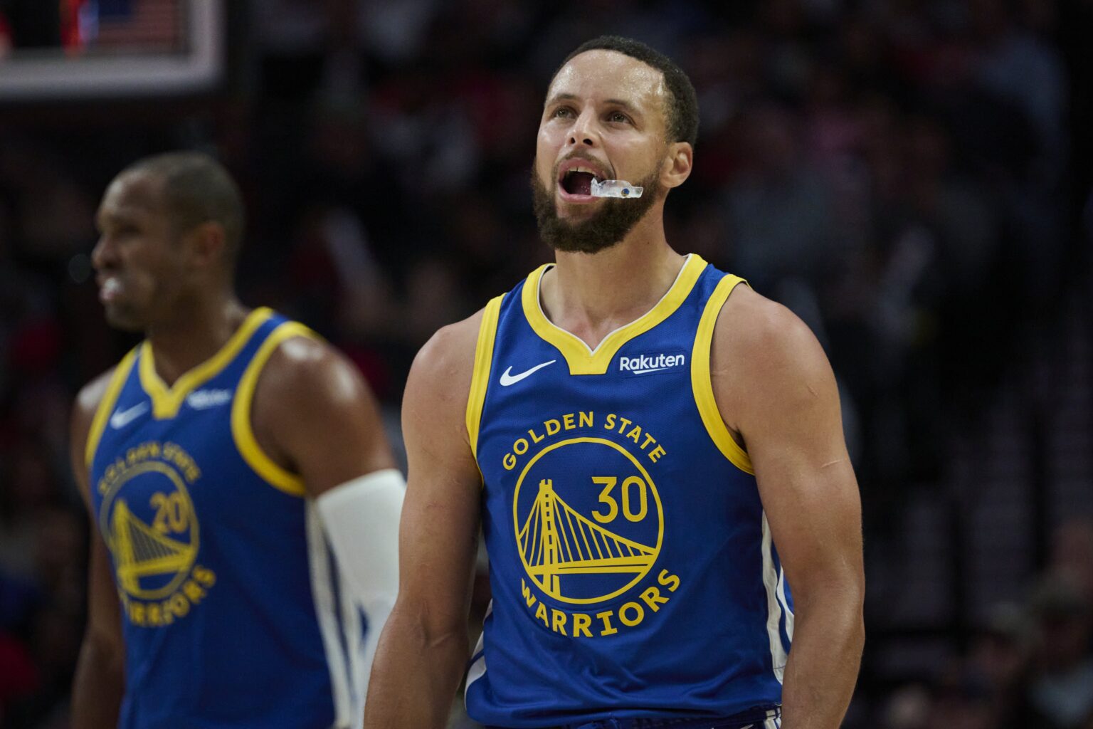 Oct 14, 2025; Portland, Oregon, USA; Golden State Warriors guard Stephen Curry (30) looks up a the scoreboard during the second half against the Portland Trail Blazers at Moda Center. Mandatory Credit: Troy Wayrynen-Imagn Images