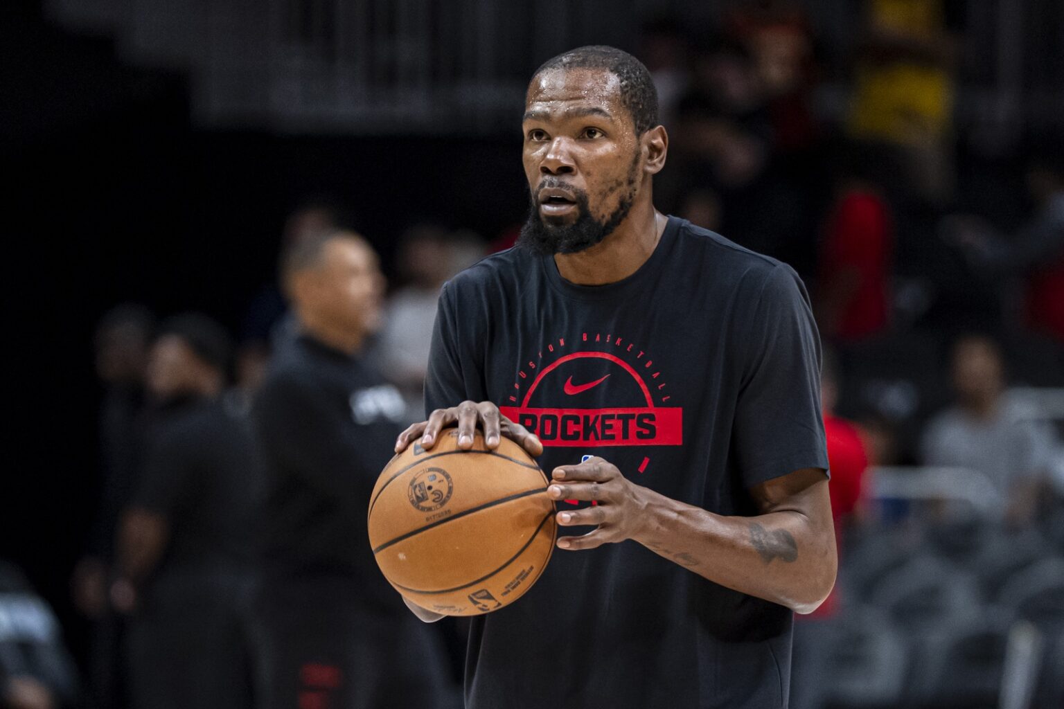Oct 16, 2025; Atlanta, Georgia, USA; Houston Rockets forward Kevin Durant (7) warms up prior to the game against the Atlanta Hawks at State Farm Arena. Mandatory Credit: Dale Zanine-Imagn Images