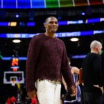 Oct 17, 2025; Los Angeles, California, USA; Sacramento Kings guard Russell Westbrook (18) looks on during the first half against the Los Angeles Lakers at Crypto.com Arena. Mandatory Credit: William Liang-Imagn Images