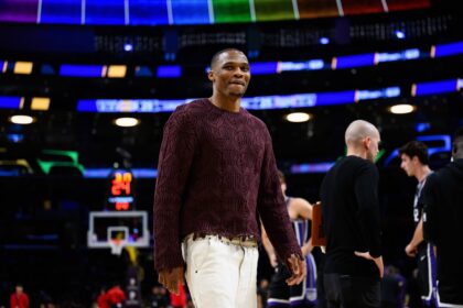 Oct 17, 2025; Los Angeles, California, USA; Sacramento Kings guard Russell Westbrook (18) looks on during the first half against the Los Angeles Lakers at Crypto.com Arena. Mandatory Credit: William Liang-Imagn Images