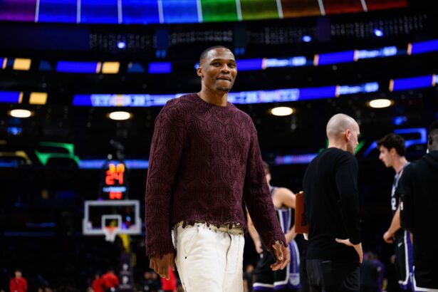 Oct 17, 2025; Los Angeles, California, USA; Sacramento Kings guard Russell Westbrook (18) looks on during the first half against the Los Angeles Lakers at Crypto.com Arena. Mandatory Credit: William Liang-Imagn Images