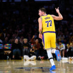 Oct 17, 2025; Los Angeles, California, USA; Los Angeles Lakers guard Luka Doncic (77) gestures after scoring during the second half against the Sacramento Kings at Crypto.com Arena. Mandatory Credit: William Liang-Imagn Images