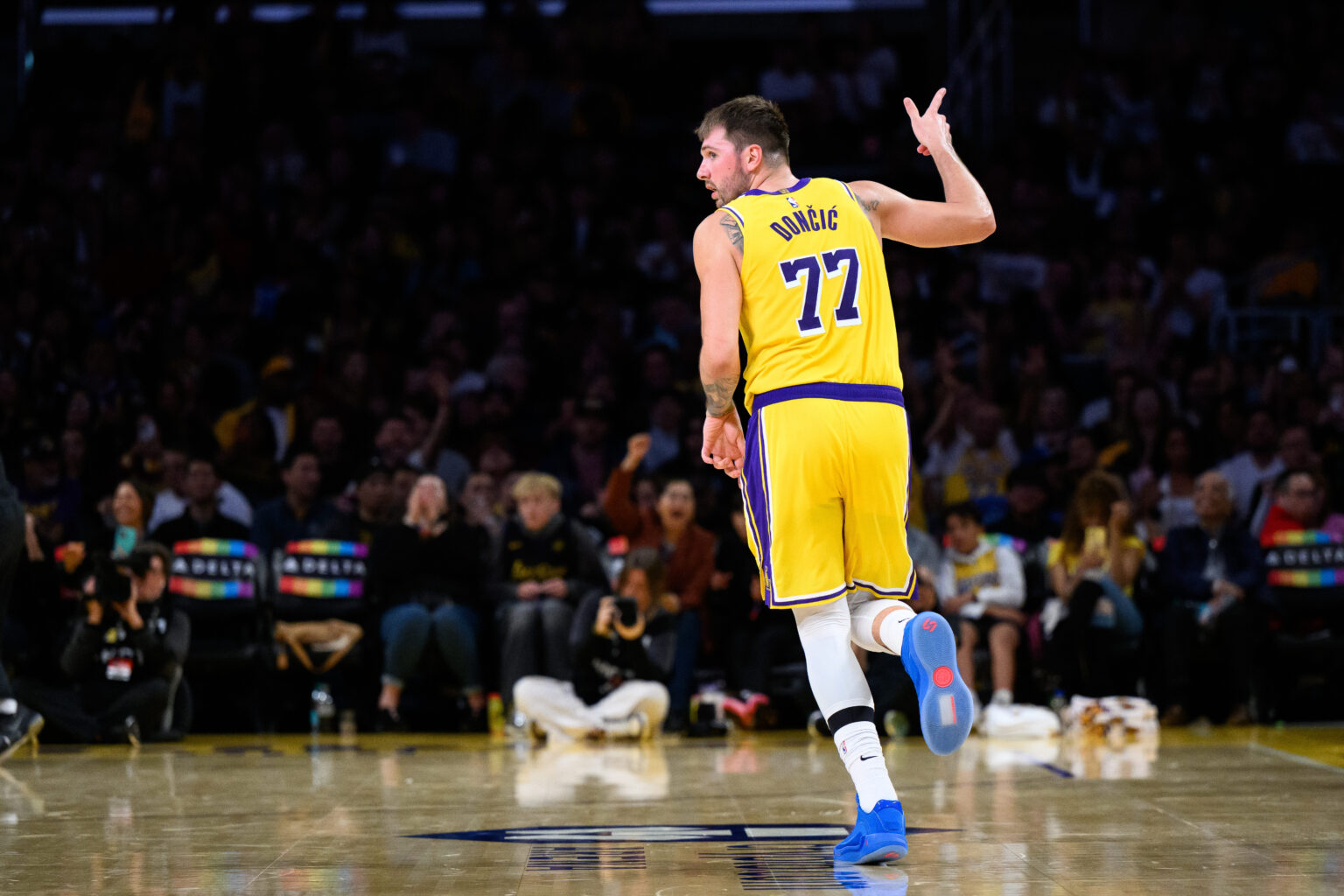Oct 17, 2025; Los Angeles, California, USA; Los Angeles Lakers guard Luka Doncic (77) gestures after scoring during the second half against the Sacramento Kings at Crypto.com Arena. Mandatory Credit: William Liang-Imagn Images