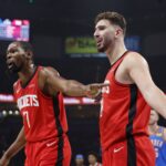 Oct 21, 2025; Oklahoma City, Oklahoma, USA; Houston Rockets forward Kevin Durant (7) and center Alperen Sengun (28) react after a play against the Oklahoma City Thunder during the first half at Paycom Center. Mandatory Credit: Alonzo Adams-Imagn Images