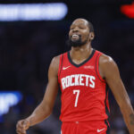 Oct 21, 2025; Oklahoma City, Oklahoma, USA; Houston Rockets forward Kevin Durant (7) smiles after a play against the Oklahoma City Thunder during the first half at Paycom Center. Mandatory Credit: Alonzo Adams-Imagn Images