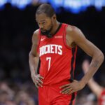 Oct 21, 2025; Oklahoma City, Oklahoma, USA; Houston Rockets forward Kevin Durant (7) walks off the court after a play against the Oklahoma City Thunder during double overtime at Paycom Center. Mandatory Credit: Alonzo Adams-Imagn Images