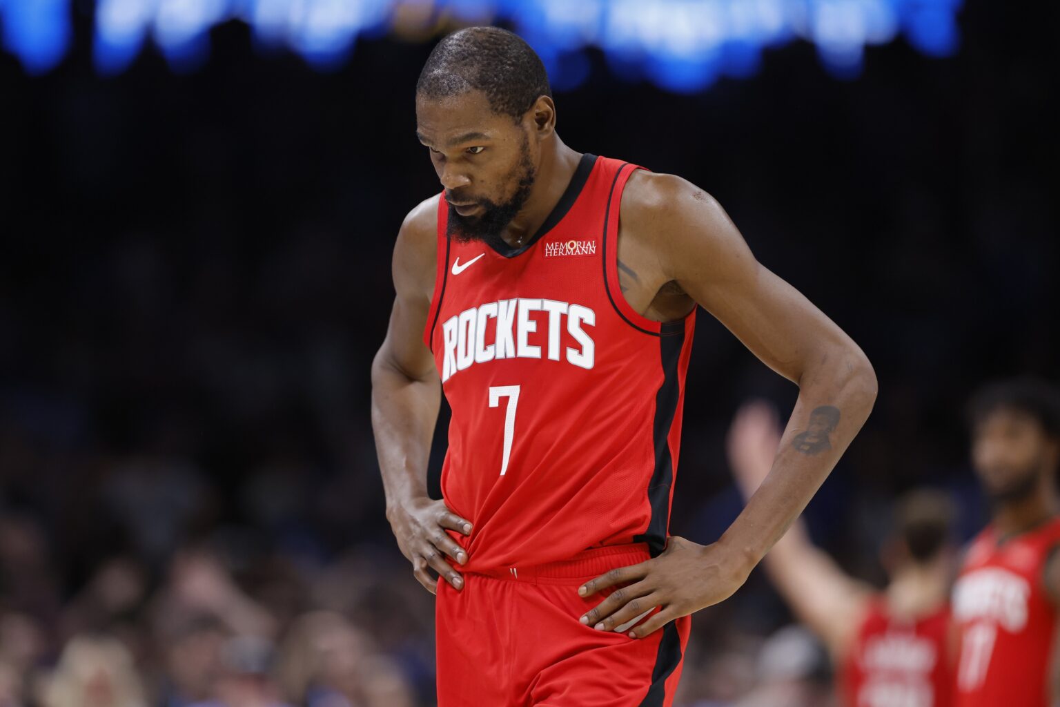Oct 21, 2025; Oklahoma City, Oklahoma, USA; Houston Rockets forward Kevin Durant (7) walks off the court after a play against the Oklahoma City Thunder during double overtime at Paycom Center. Mandatory Credit: Alonzo Adams-Imagn Images