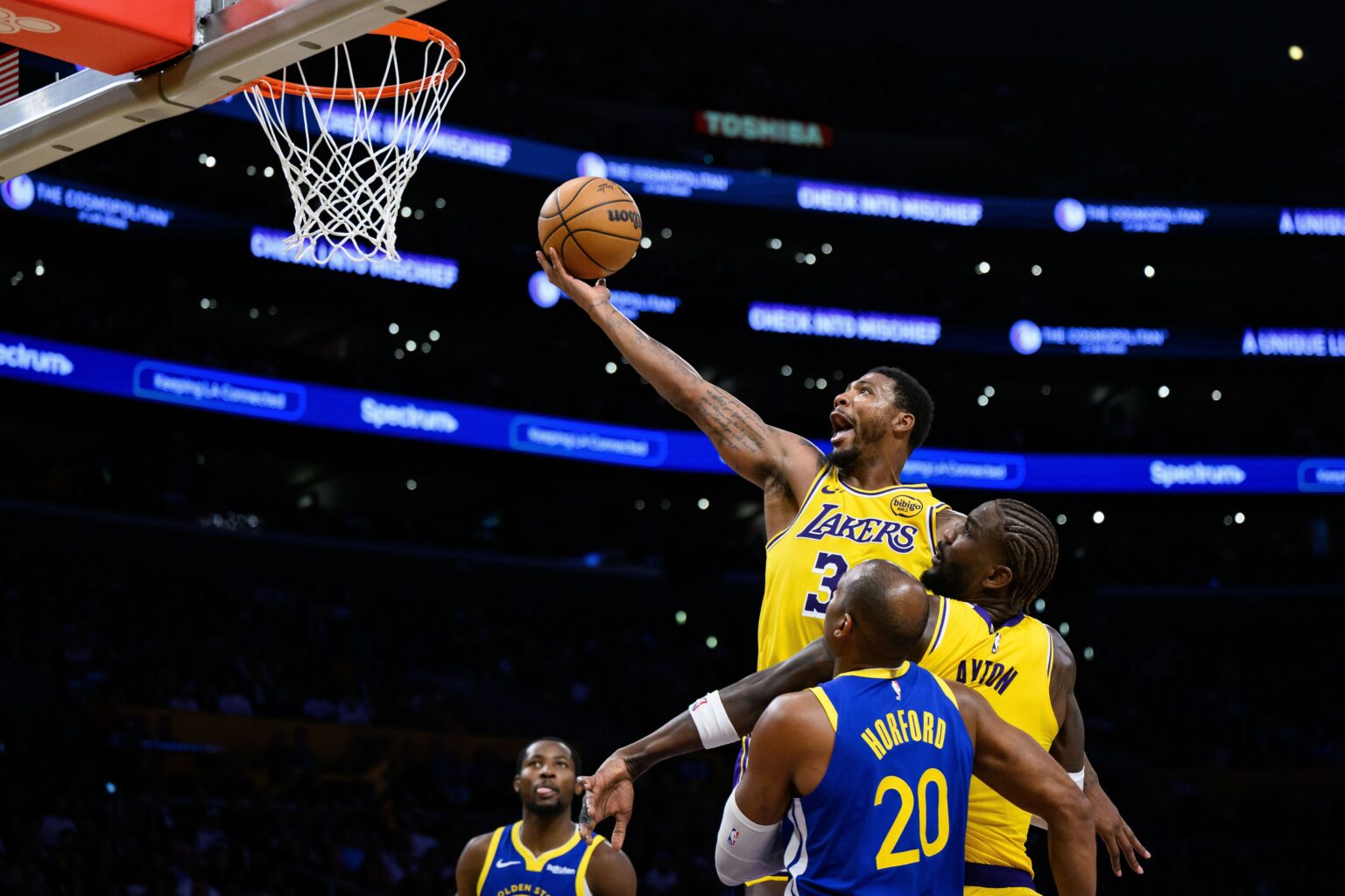 Oct 21, 2025; Los Angeles, California, USA; Los Angeles Lakers guard Marcus Smart (36) shoots during the first half against the Golden State Warriors at Crypto.com Arena. Mandatory Credit: William Liang-Imagn Images